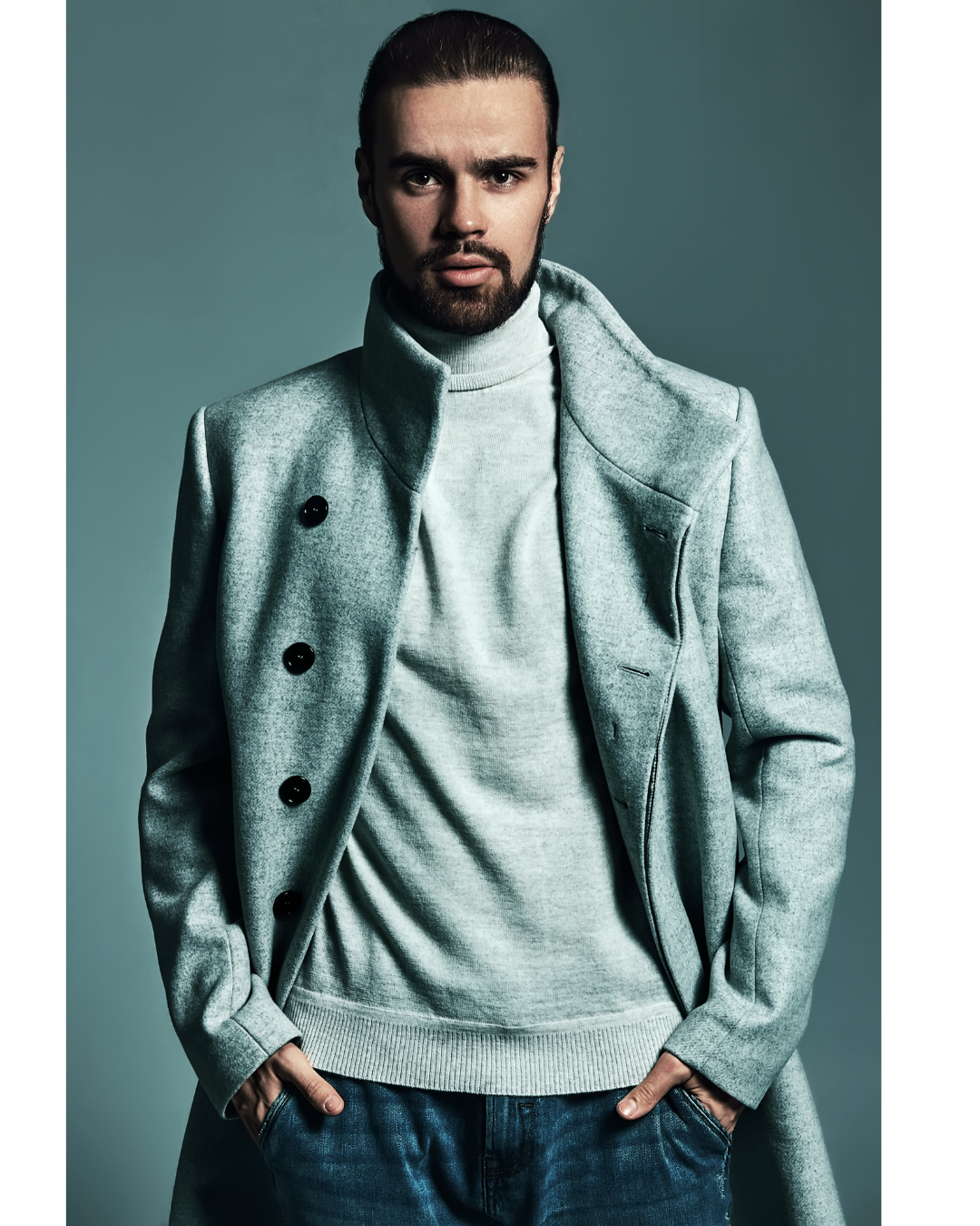 gray jacket for men with black buttons