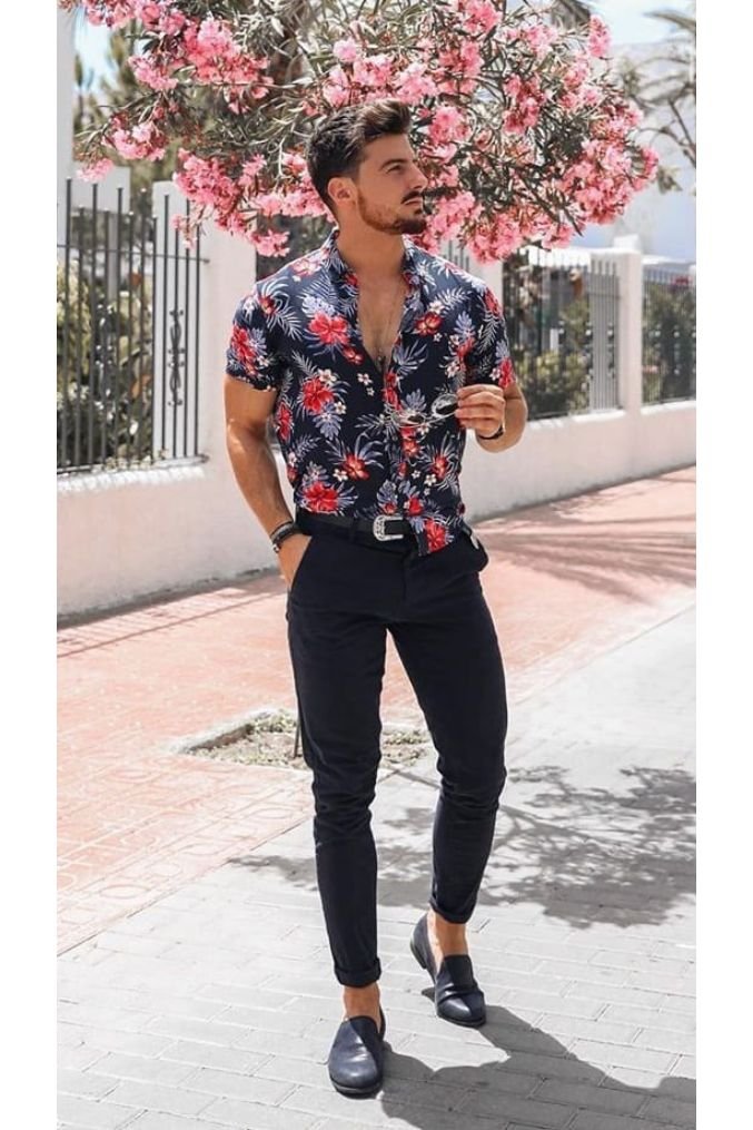 blue half sleeve and pink flower shirt for men