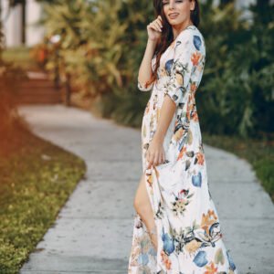 white long dress with orange and blue flowers