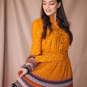 Yellow short dress with blue and orange low stripes and dots