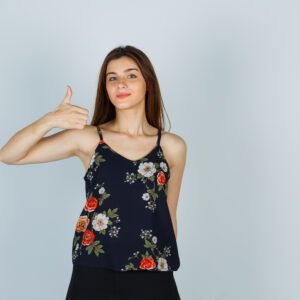 sleeve less blue top with white and orange floral top